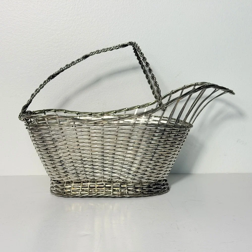 Vintage Japan Silver Plate Woven Wire Wine Bottle Basket Holder Braided Handle